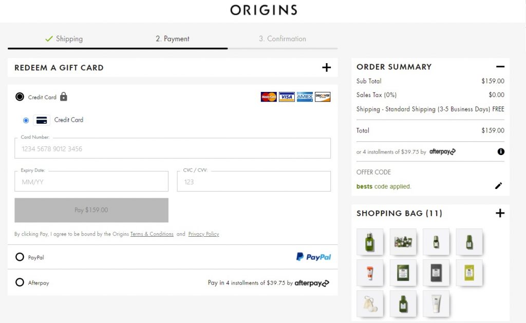 美國Origins網購教學8-填妥所需信用卡資料，或選擇PayPal付款，即可完成購買流程！