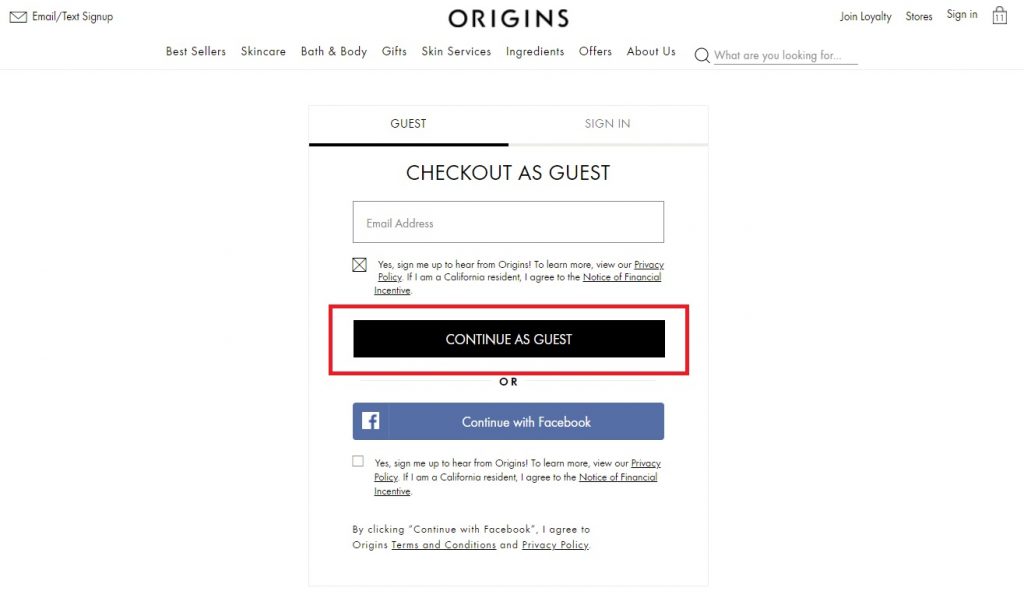 美國Origins網購教學6-輸入你的電郵地址，然後按「Continue as guest」