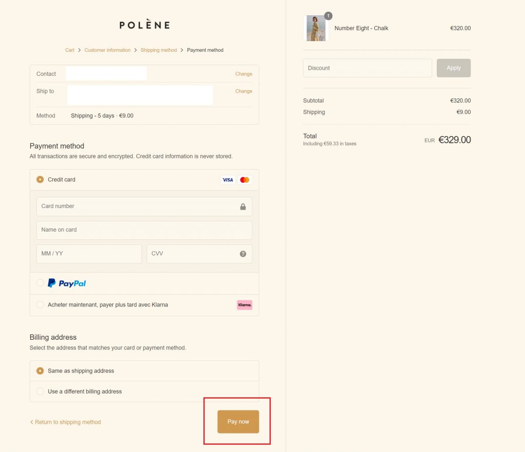 Polene義大利官網網購教學5-選擇支付方式並填寫資料然後提交訂單