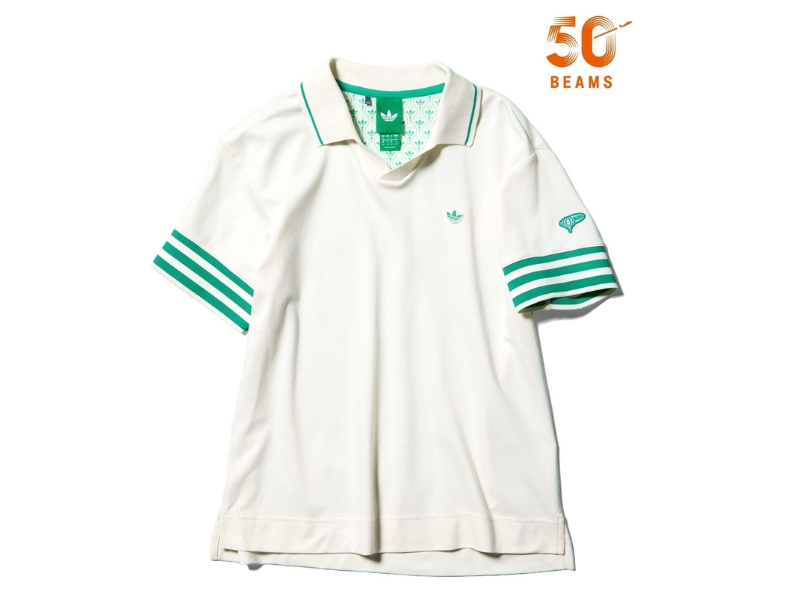BEAMS GOLF x adidas Originals retro V-neck polo shirt featuring classic green three stripes, available on the Beams Japan official website and easily shipped via Buy&Ship.