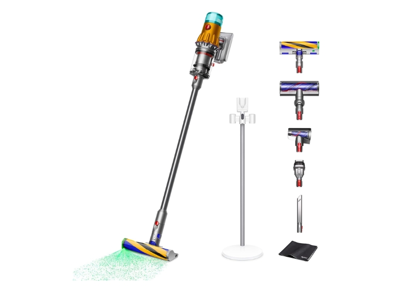 Dyson V12 Detect Slim Absolute cordless vacuum cleaner with LED cleaner head and charging stand.