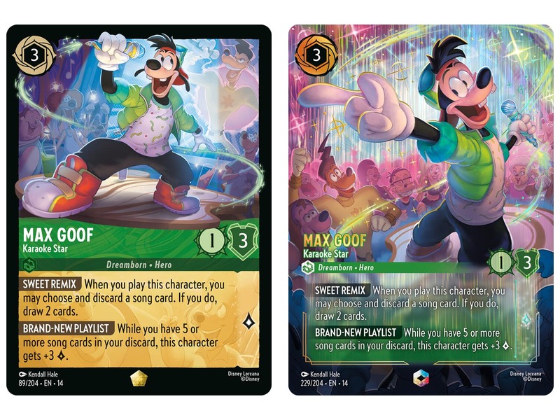 Disney Lorcana Hyperia City Max Goof - Karaoke Star cards: Legendary #89 and Enchanted #229