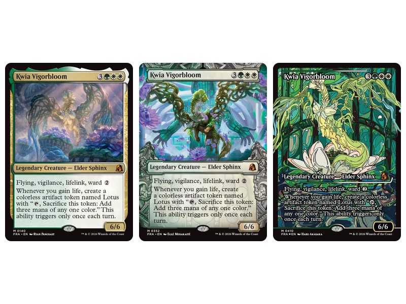 Magic: The Gathering Reality Fracture Kwia Vigorbloom cards: regular #140, Sculptor's Stronghold showcase #352 and Japan Showcase #410